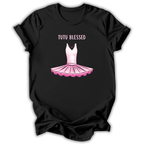 Black t-shirt with pink tutu graphic and 'Tutu Blessed' text on a white background