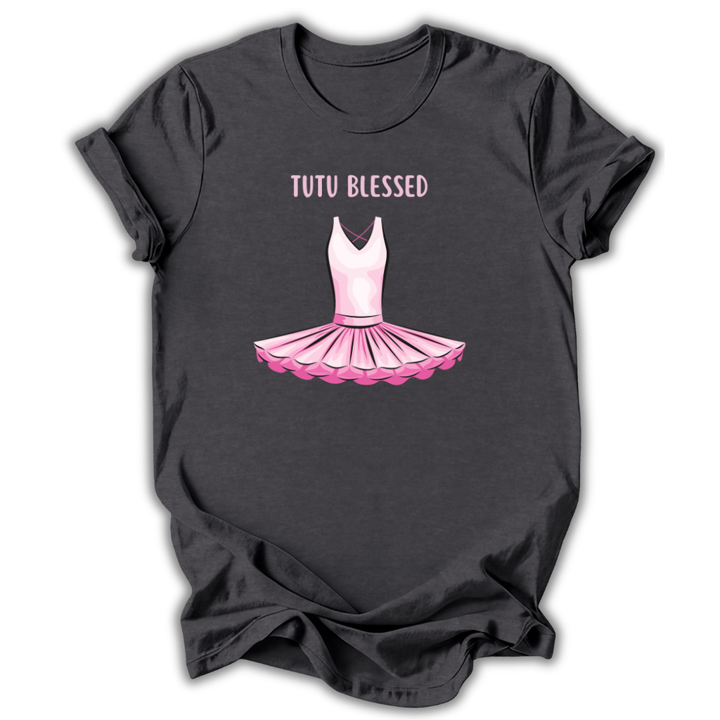 Black t-shirt with pink tutu graphic and 'Tutu Blessed' text on a white background