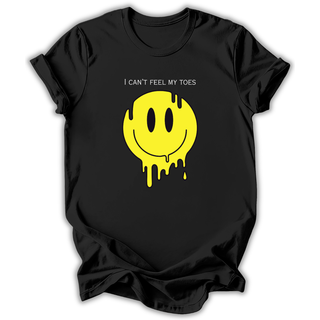 Black t-shirt with yellow smiley face graphic and text 'I can't feel my toes' on a white background