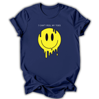 Navy -shirt with yellow smiley face graphic and text 'I can't feel my toes' on a white background