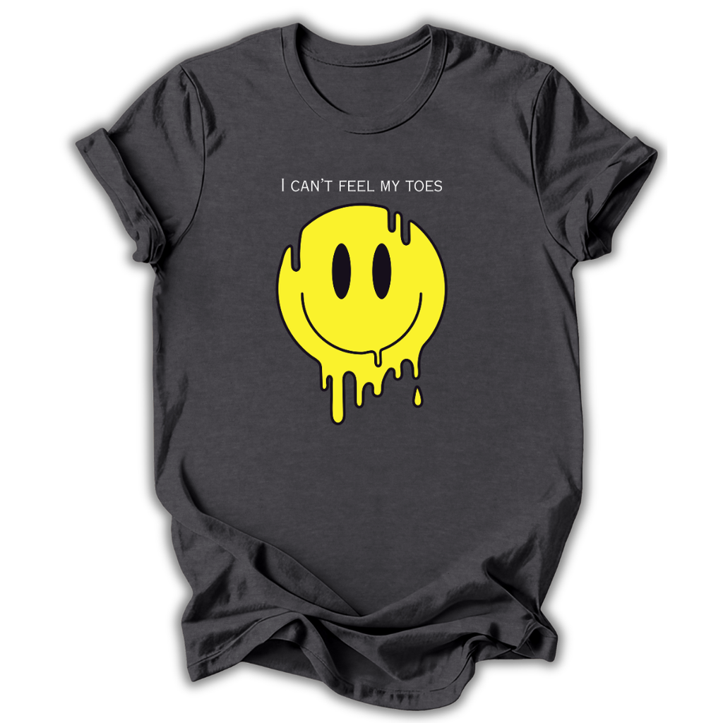 Gray -shirt with yellow smiley face graphic and text 'I can't feel my toes' on a white background