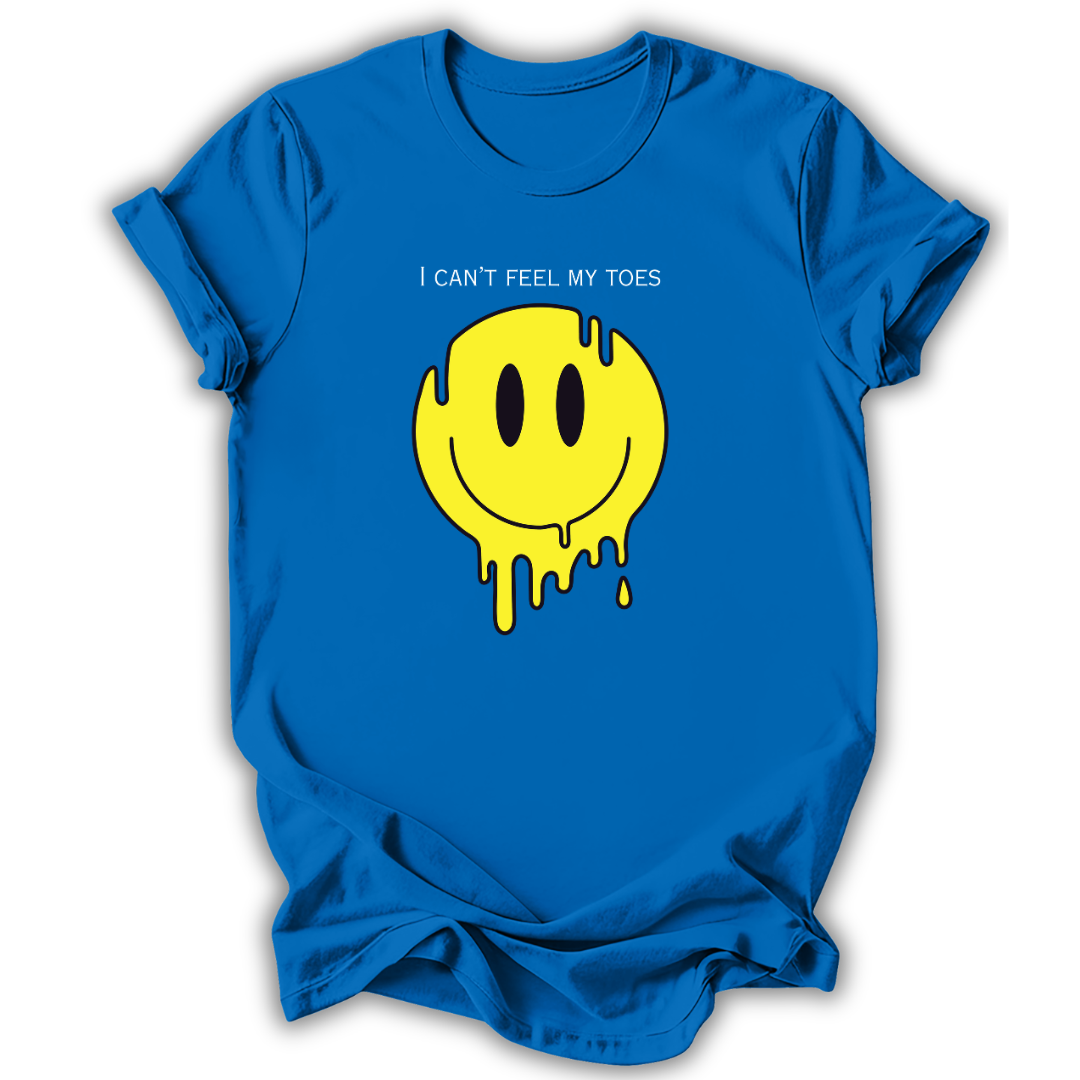 Blue t-shirt with a yellow smiley face graphic and text on a white background