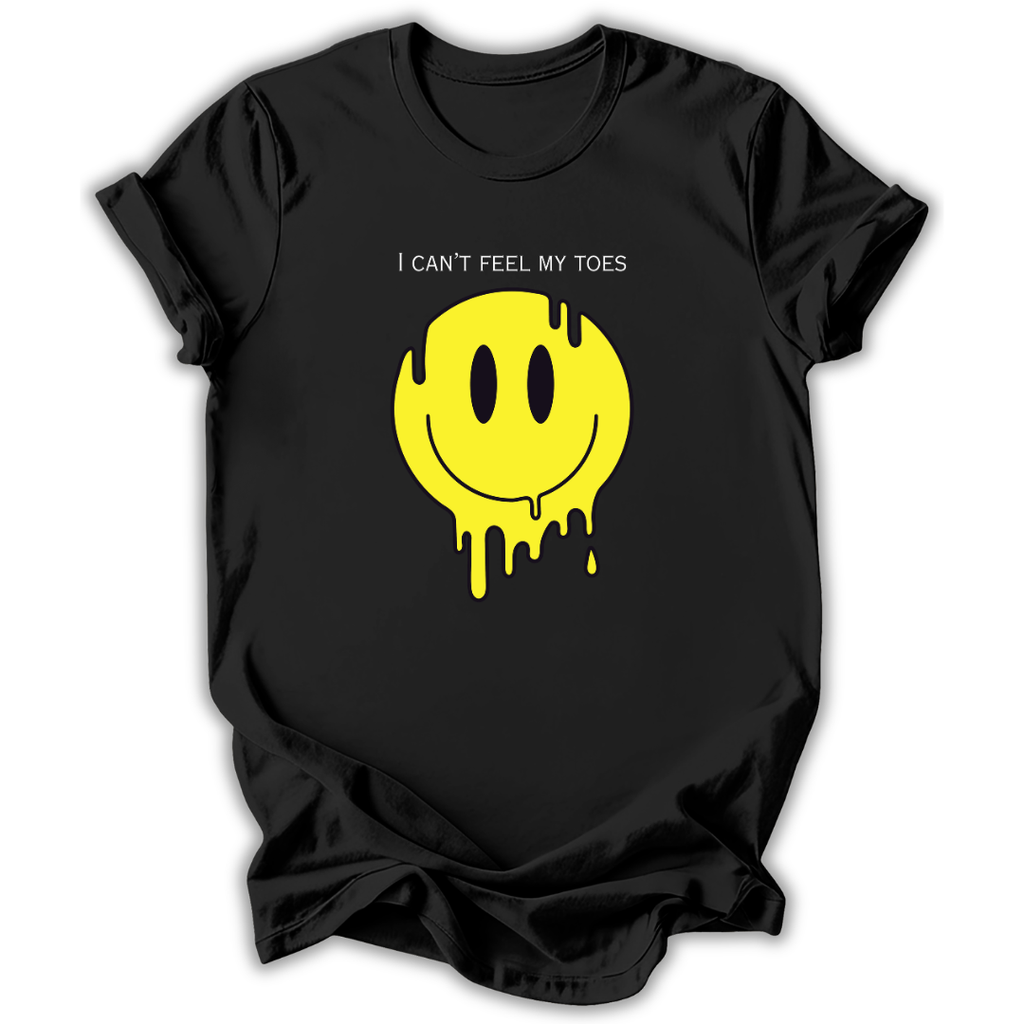 Black t-shirt with yellow smiley face graphic and text 'I can't feel my toes' on a white background