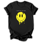 Black t-shirt with yellow smiley face graphic and text 'I can't feel my toes' on a white background