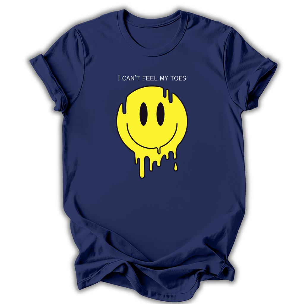 Navy blue -shirt with yellow smiley face graphic and text 'I can't feel my toes' on a white background
