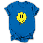 Blue t-shirt with a yellow smiley face graphic and text on a white background