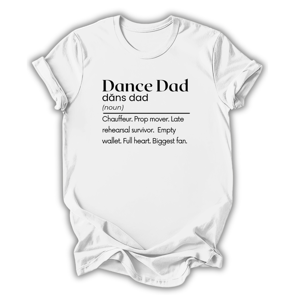 White t-shirt with black text on a white background