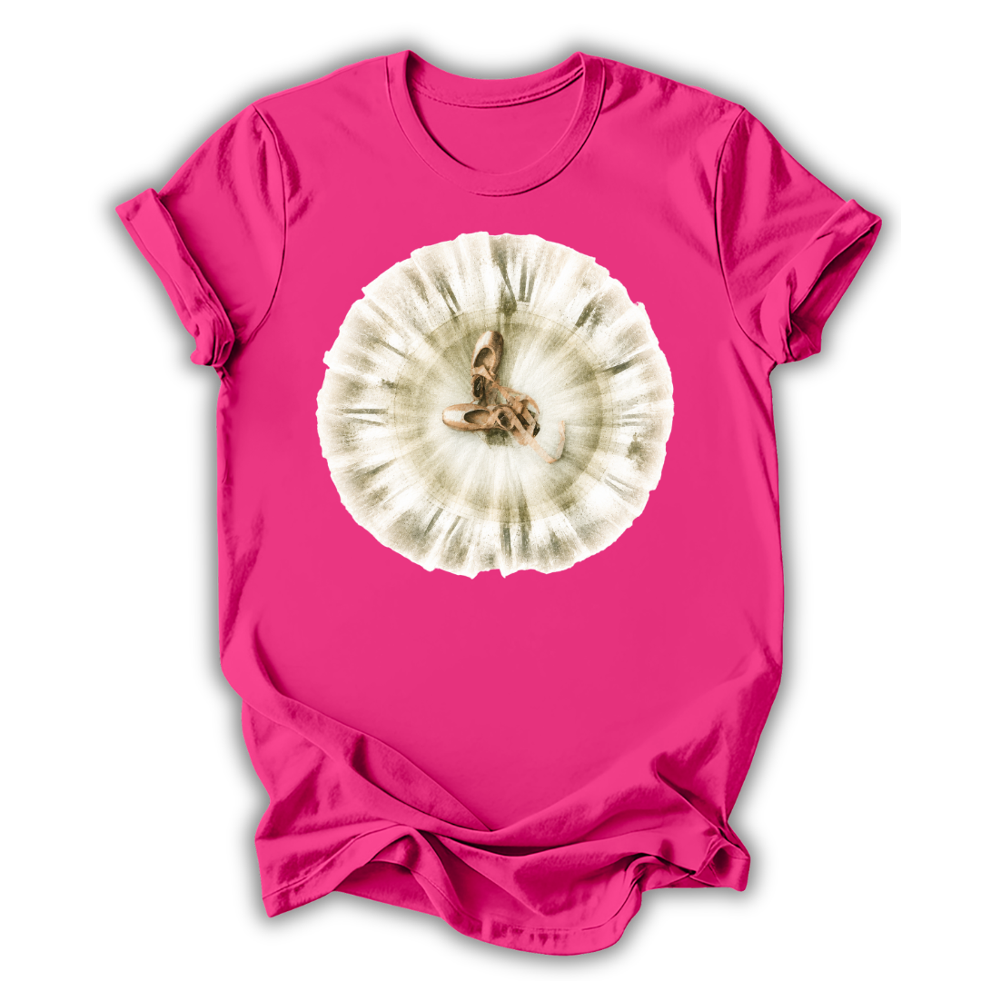 Pink t-shirt with a white floral design on a white background