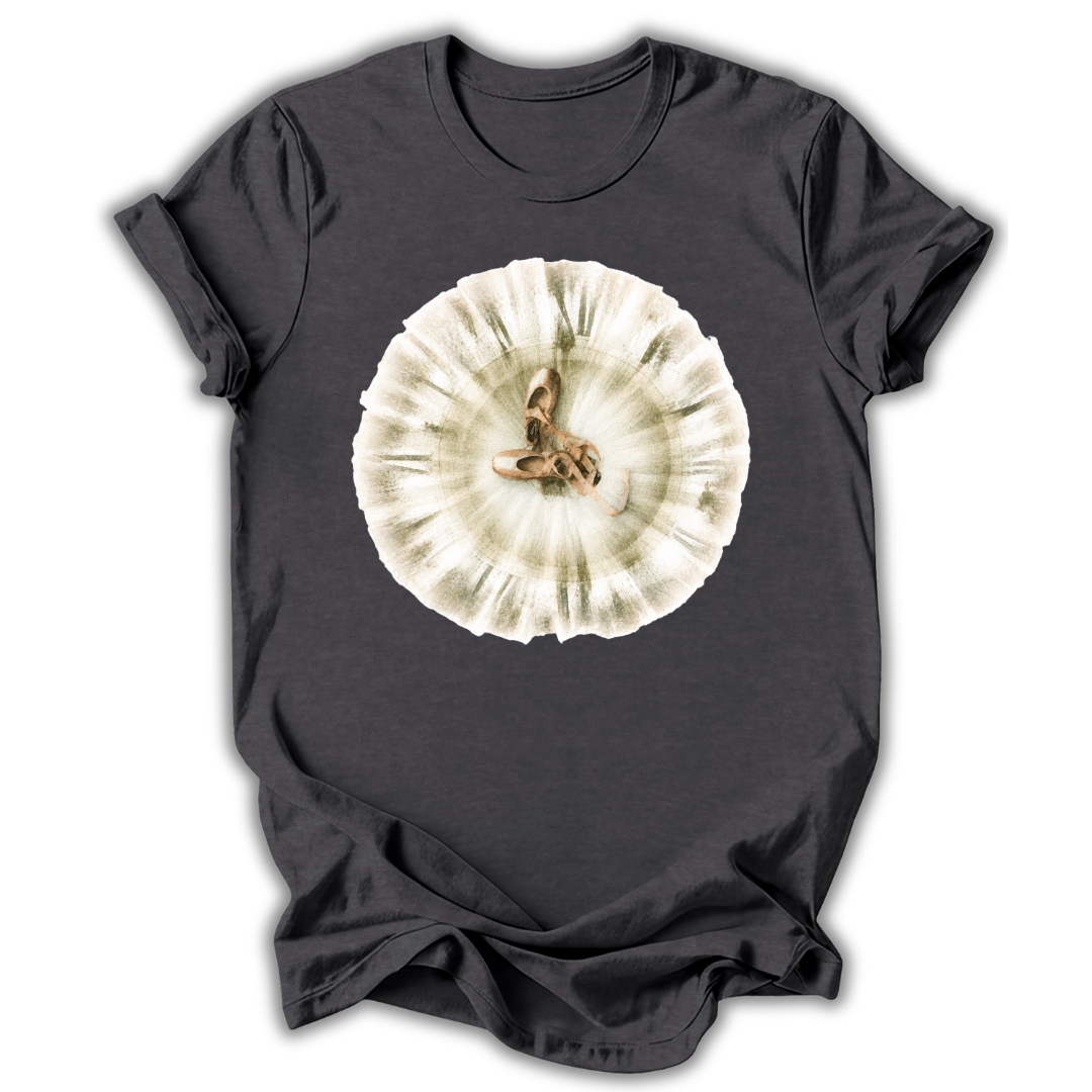 Dark gray t-shirt with a large beige circular design featuring a fox on a white background