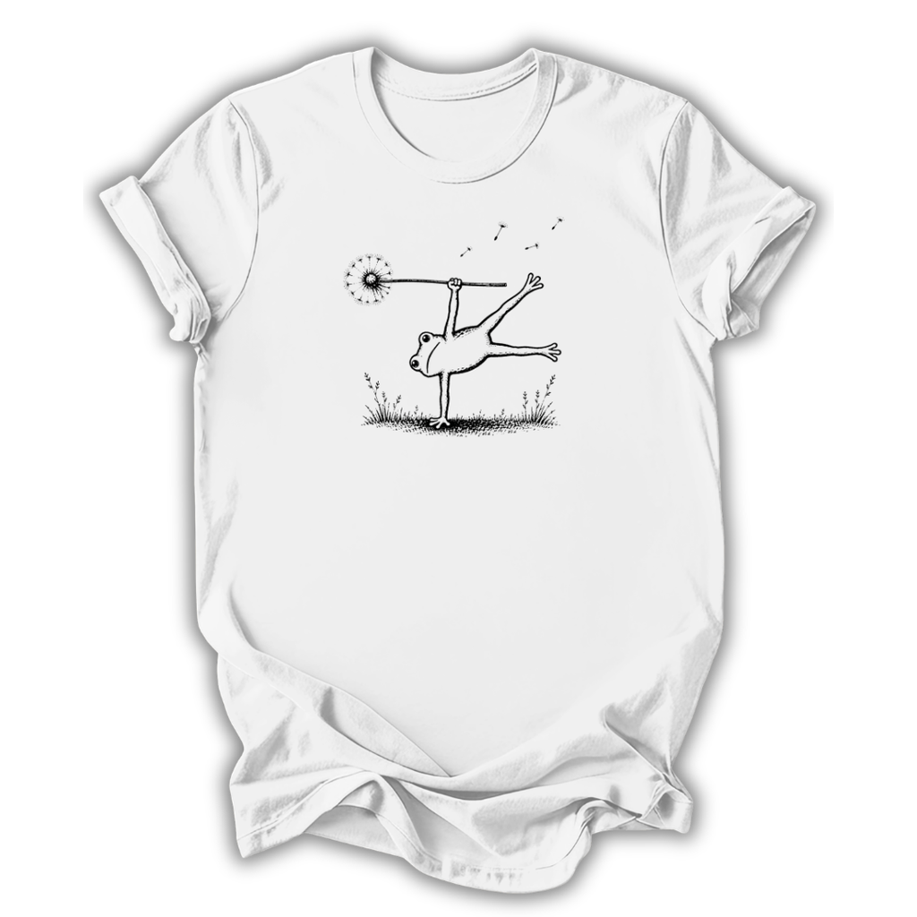 White t-shirt with black graphic design on a white background
