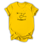 Yellow t-shirt with a black graphic design on a white background