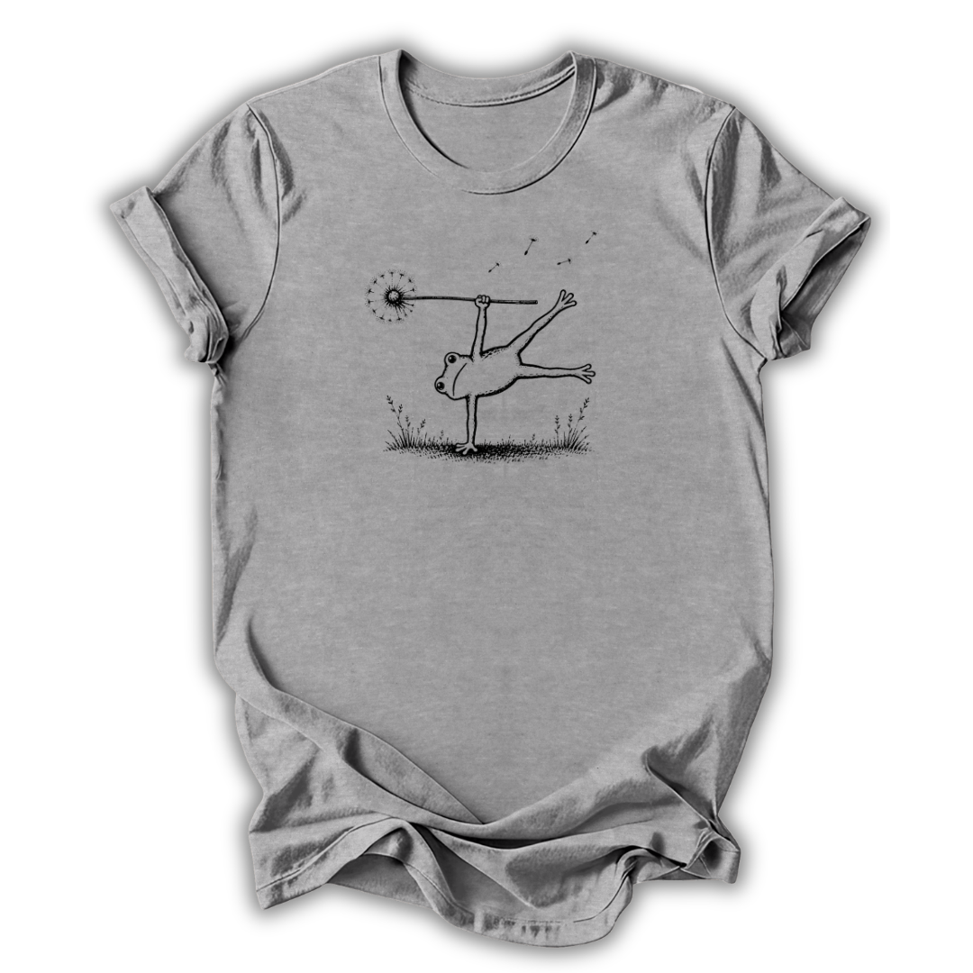 Gray t-shirt with a graphic design of a person on a seesaw on a white background