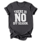 Dark gray t-shirt with 'There is no off season' text on a white background