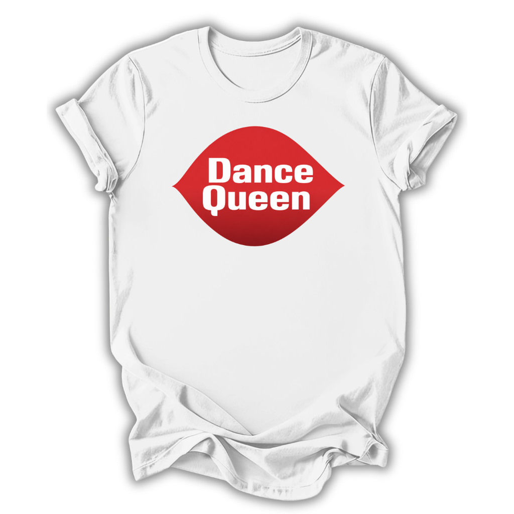 White t-shirt with red lips graphic and 'Dance Queen' text on a white background