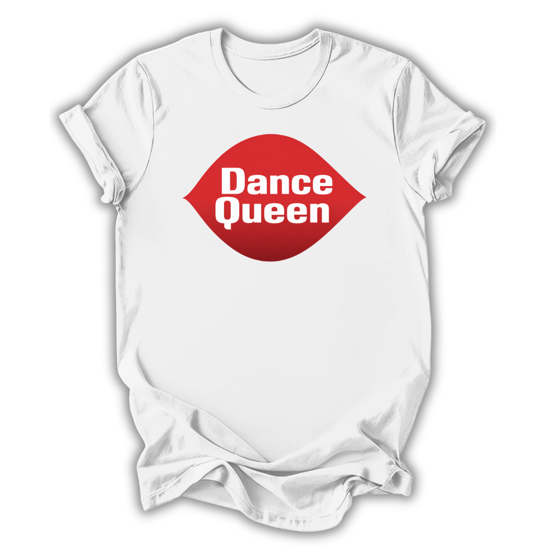 White t-shirt with red lips graphic and 'Dance Queen' text on a white background
