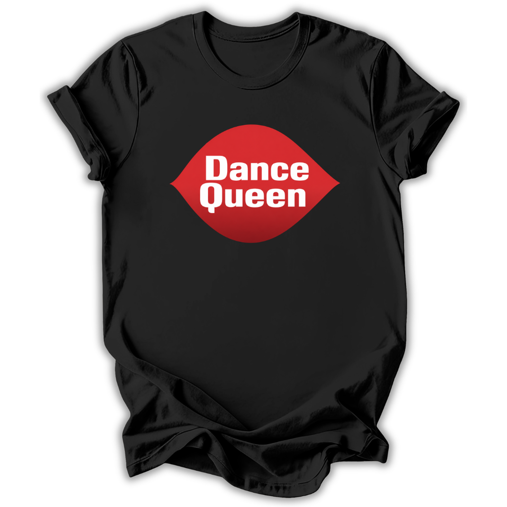 Black t-shirt with 'Dance Queen' graphic on a white background