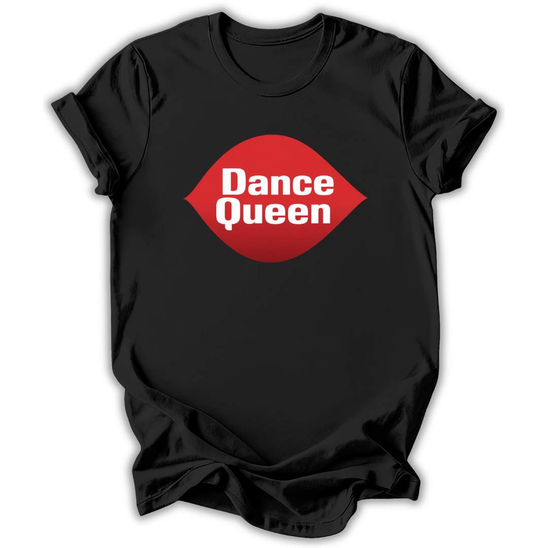 Black t-shirt with 'Dance Queen' graphic on a white background