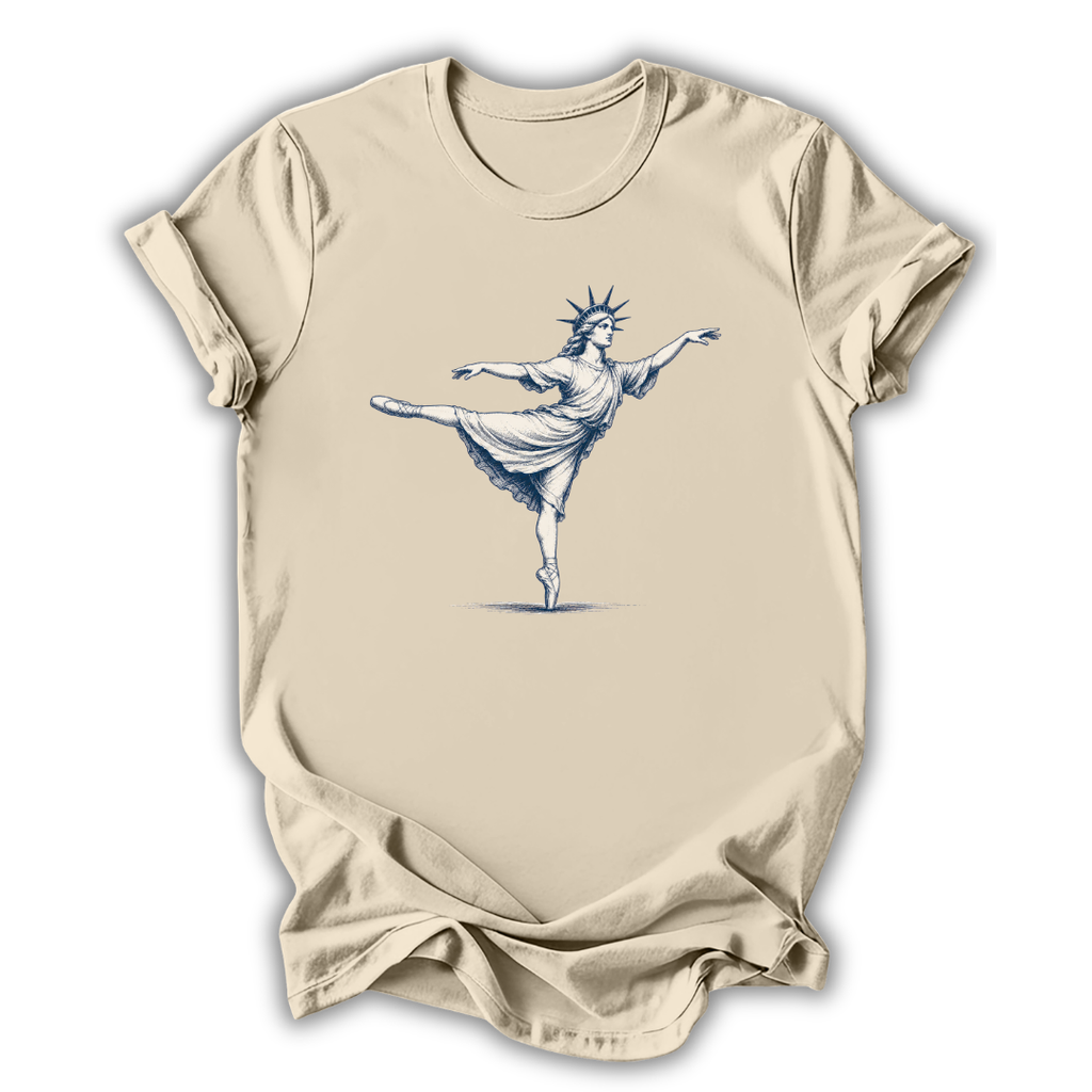 Beige t-shirt with a graphic of the Statue of Liberty dancing on a white background