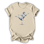Beige t-shirt with a graphic of the Statue of Liberty dancing on a white background
