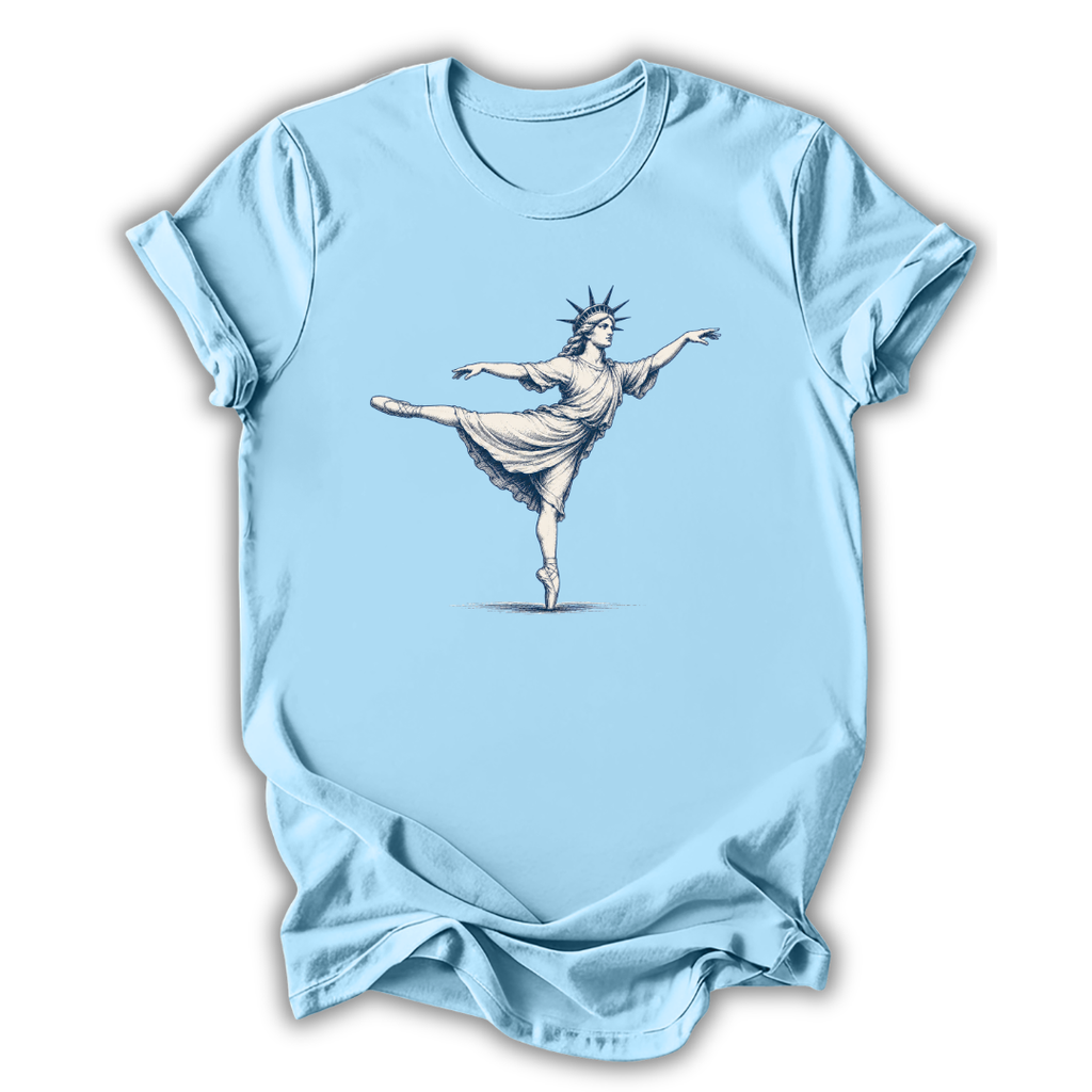 Light blue t-shirt with a graphic of a ballerina on a white background