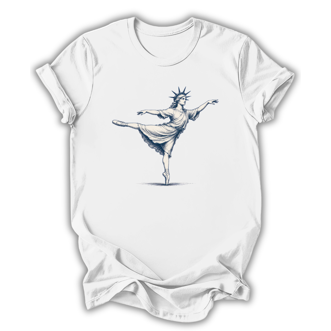 White t-shirt with a graphic of a ballerina dancer on a white background