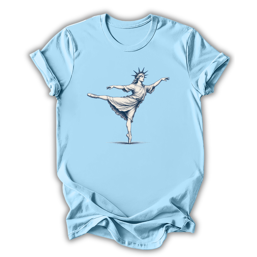 Light blue t-shirt with a graphic of a ballerina on a white background