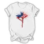 White t-shirt with American flag design on a white background