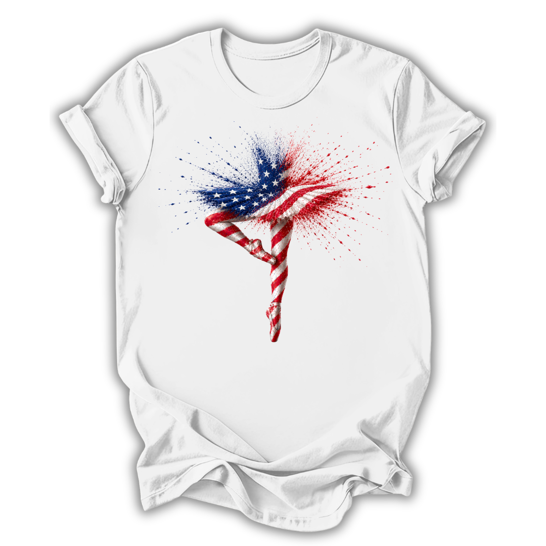 White t-shirt with American flag design on a white background