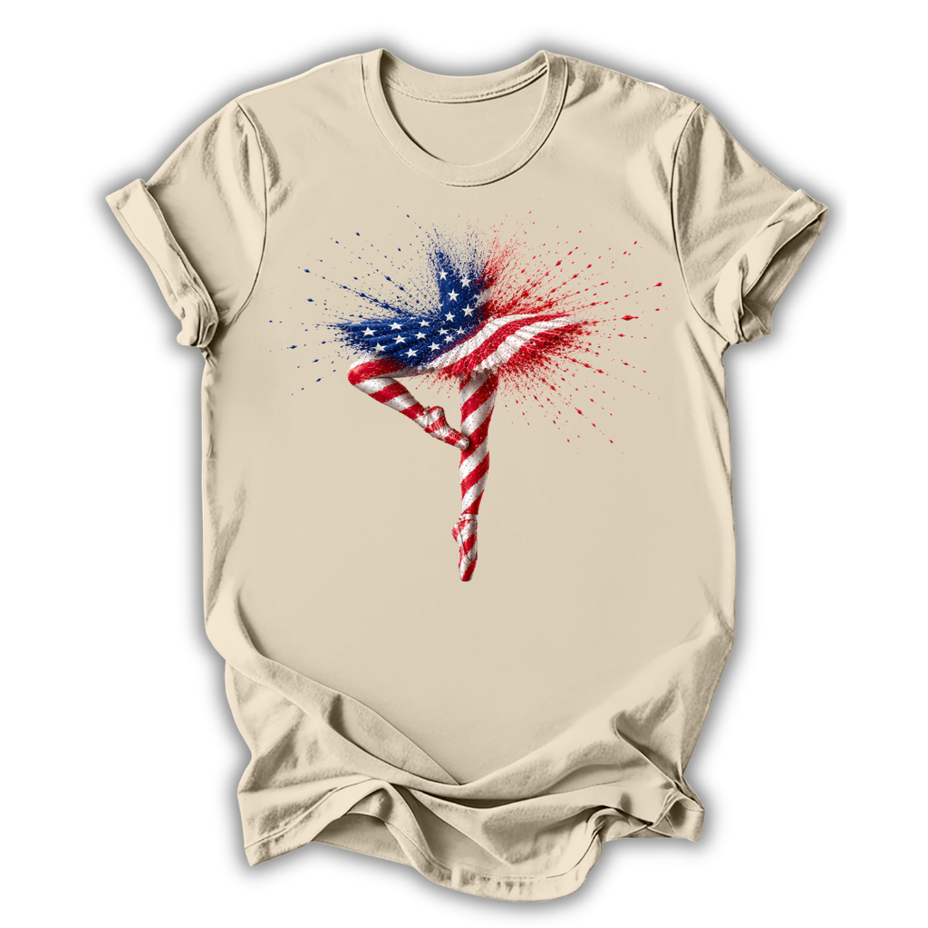 Beige t-shirt with American flag design on a white background
