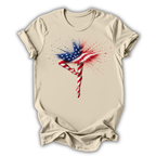 Beige t-shirt with American flag design on a white background