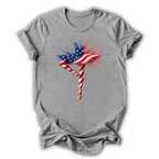 Gray t-shirt with American flag design on a white background