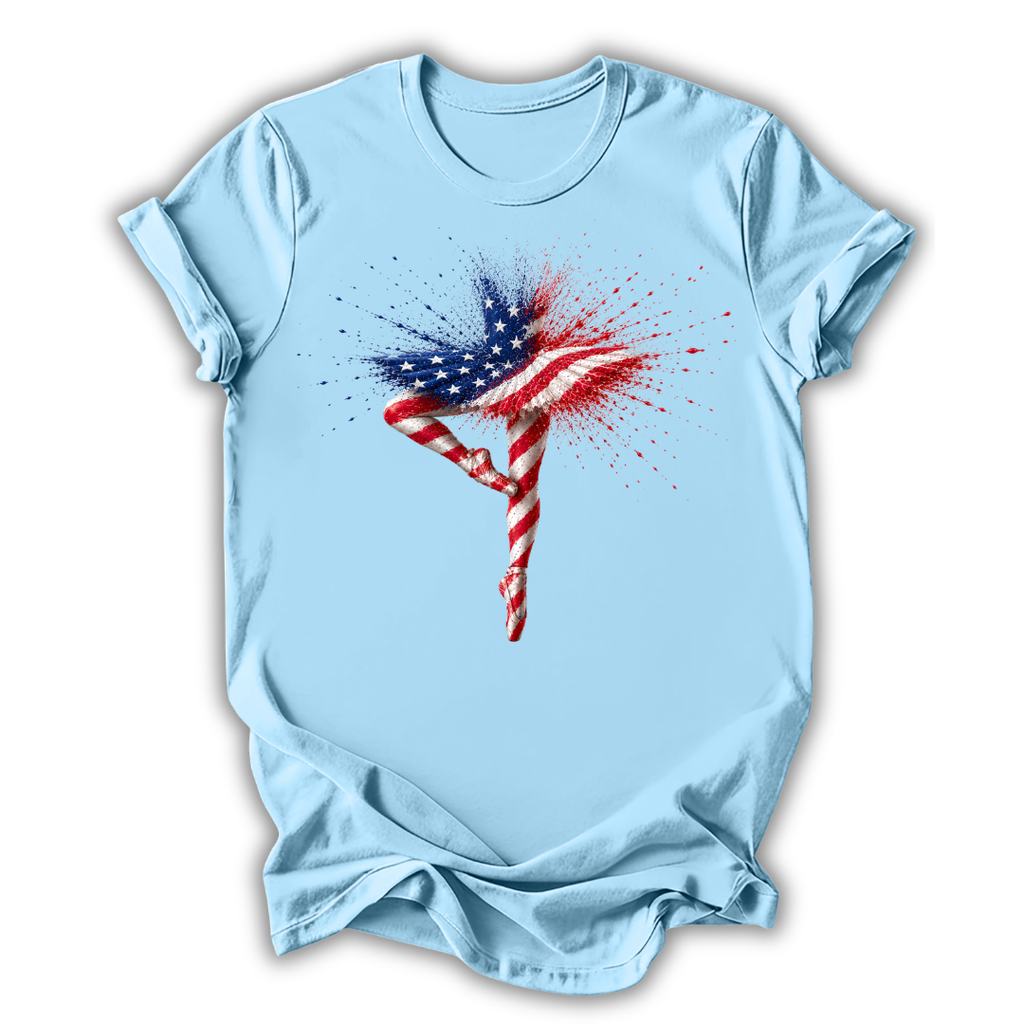 Light blue t-shirt with an American flag graphic on a white background
