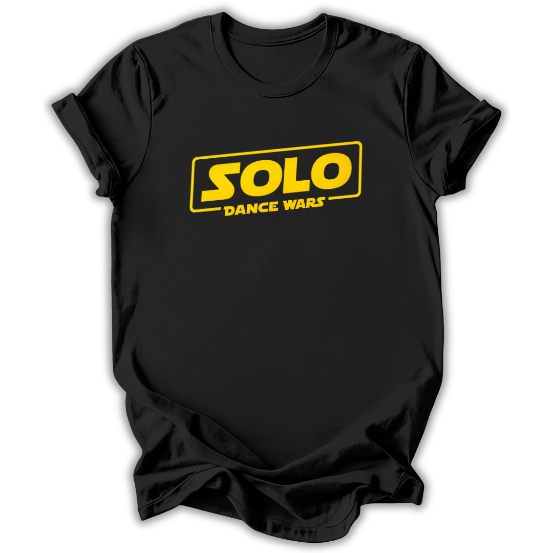 Black t-shirt with yellow 'SOLO DANCE WARS' text on a white background