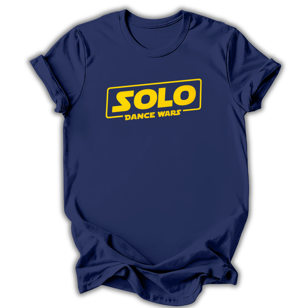Navy blue t-shirt with yellow 'SOLO DANCE WARS' text on a white background