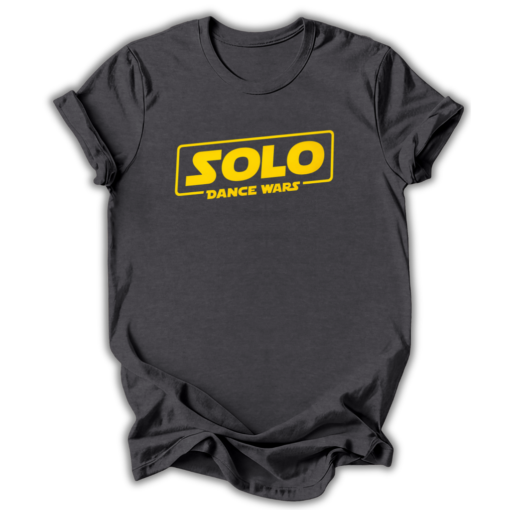 Black t-shirt with yellow 'SOLO DANCE WARS' text on a white background