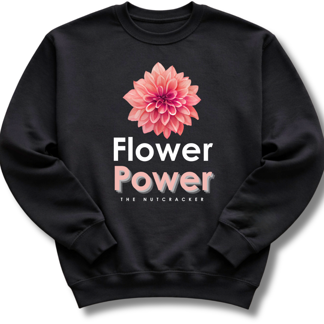 Black sweatshirt with pink flower graphic and 'Flower Power' text on a white background