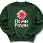 Green sweatshirt with pink flower graphic and 'Flower Power' text on a white background