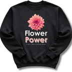 Black sweatshirt with pink flower graphic and 'Flower Power' text on a white background