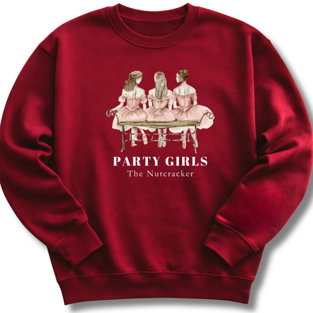 Red sweatshirt with 'Party Girls The Nutcracker' graphic on a white background