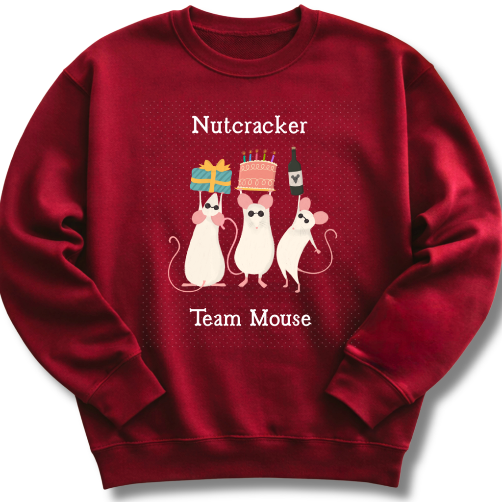 Red sweatshirt with 'Nutcracker Team Mouse' design on a white background