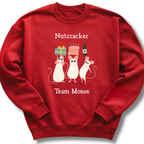 Red sweatshirt with 'Nutcracker Team Mouse' design featuring three mice holding gifts, a cake, and a bottle.