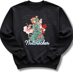 Black sweatshirt with a Nutcracker-themed design featuring a Christmas tree and ballet dancers on a white background.