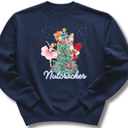 Navy blue sweatshirt with 'Nutcracker' design featuring a Christmas tree and ballet dancers on a white background.