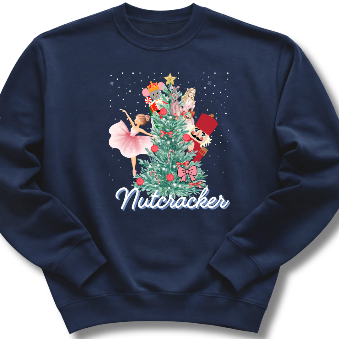 Navy blue sweatshirt with 'Nutcracker' design featuring a Christmas tree and ballet dancers on a white background.