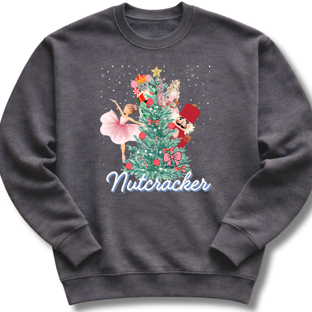 Gray sweatshirt with Nutcracker-themed design featuring a Christmas tree and ballet dancers on a white background.