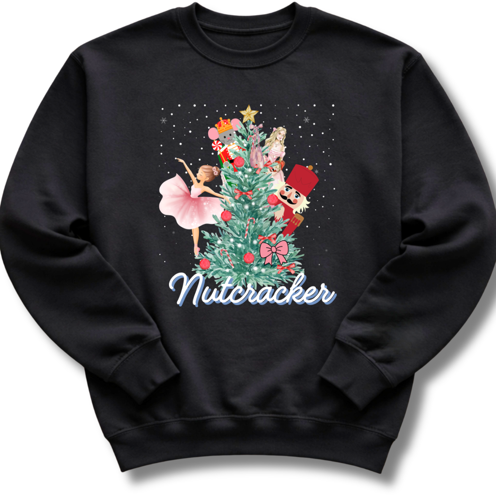 Black sweatshirt with a Nutcracker-themed design featuring a Christmas tree and ballet dancers on a white background.