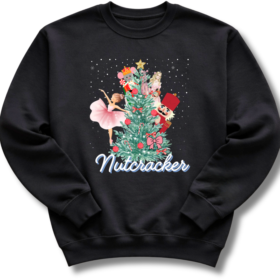 Black sweatshirt with a Nutcracker-themed design featuring a Christmas tree and ballet dancers on a white background.