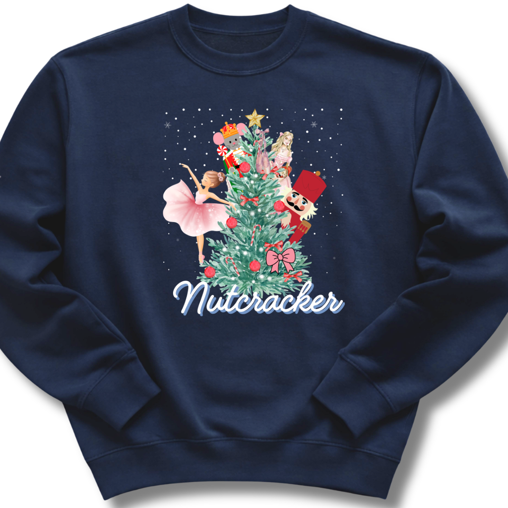 Navy blue sweatshirt with 'Nutcracker' design featuring a Christmas tree and ballet dancers on a white background.