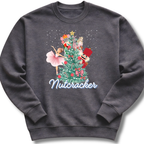 Gray sweatshirt with Nutcracker-themed design featuring a Christmas tree and ballet dancers on a white background.