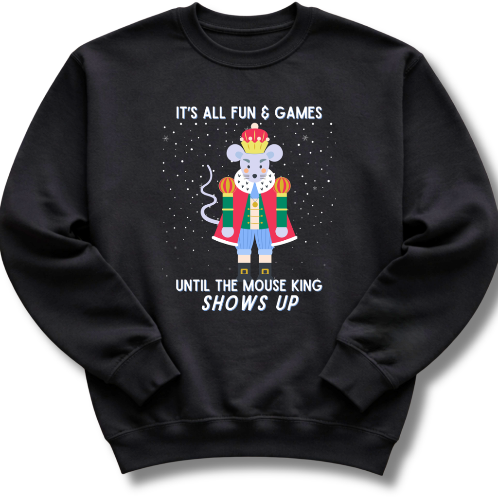 Black sweatshirt with a cartoon Nutcracker Christmas mouse king design and text on a white background